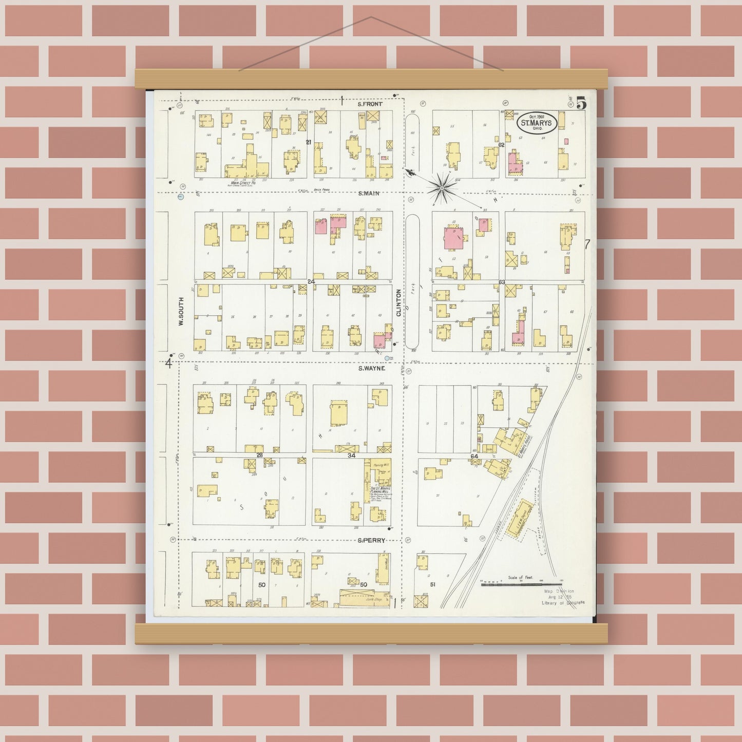 Old map wall art mockup — magnetic wood frame on brick wall — Sanborn Fire Insurance Map from Saint Marys, Auglaize County, Ohio (1901), Sheet #0005