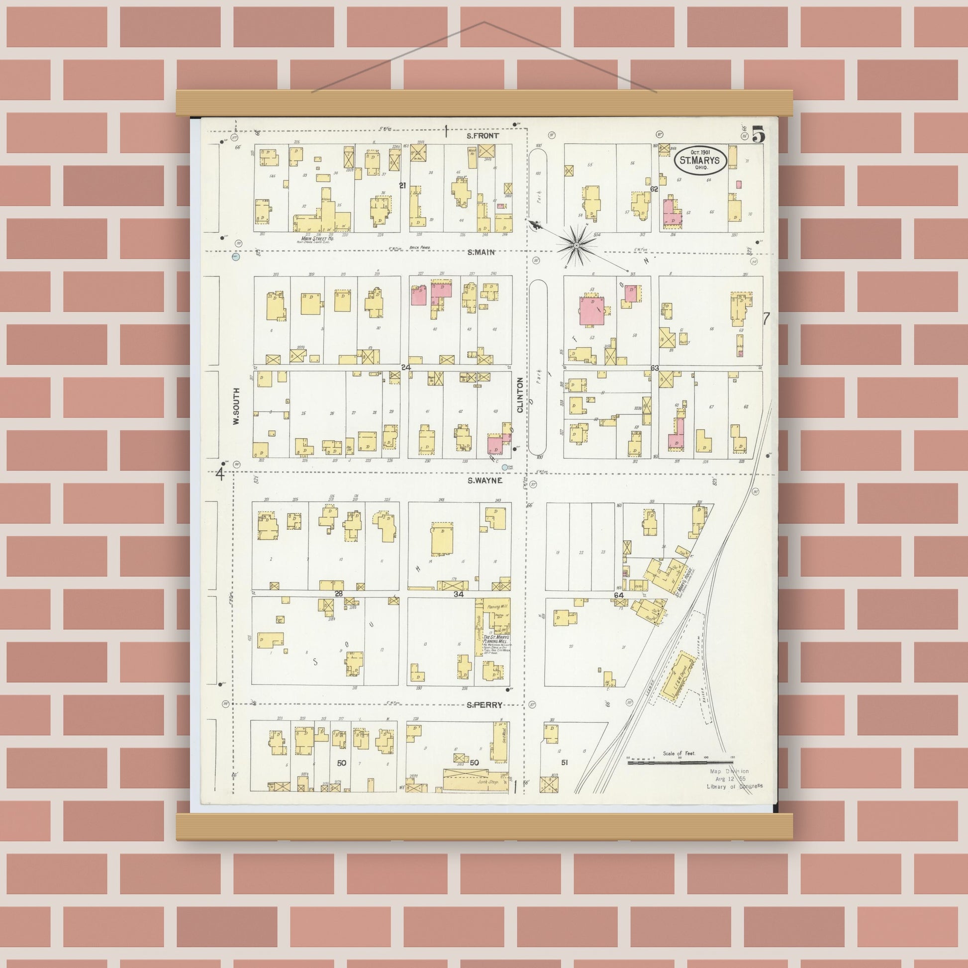 Old map wall art mockup — magnetic wood frame on brick wall — Sanborn Fire Insurance Map from Saint Marys, Auglaize County, Ohio (1901), Sheet #0005