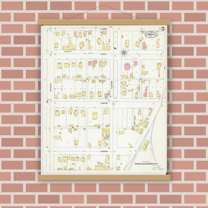 Old map wall art mockup — magnetic wood frame on brick wall — Sanborn Fire Insurance Map from Saint Marys, Auglaize County, Ohio (1901), Sheet #0005