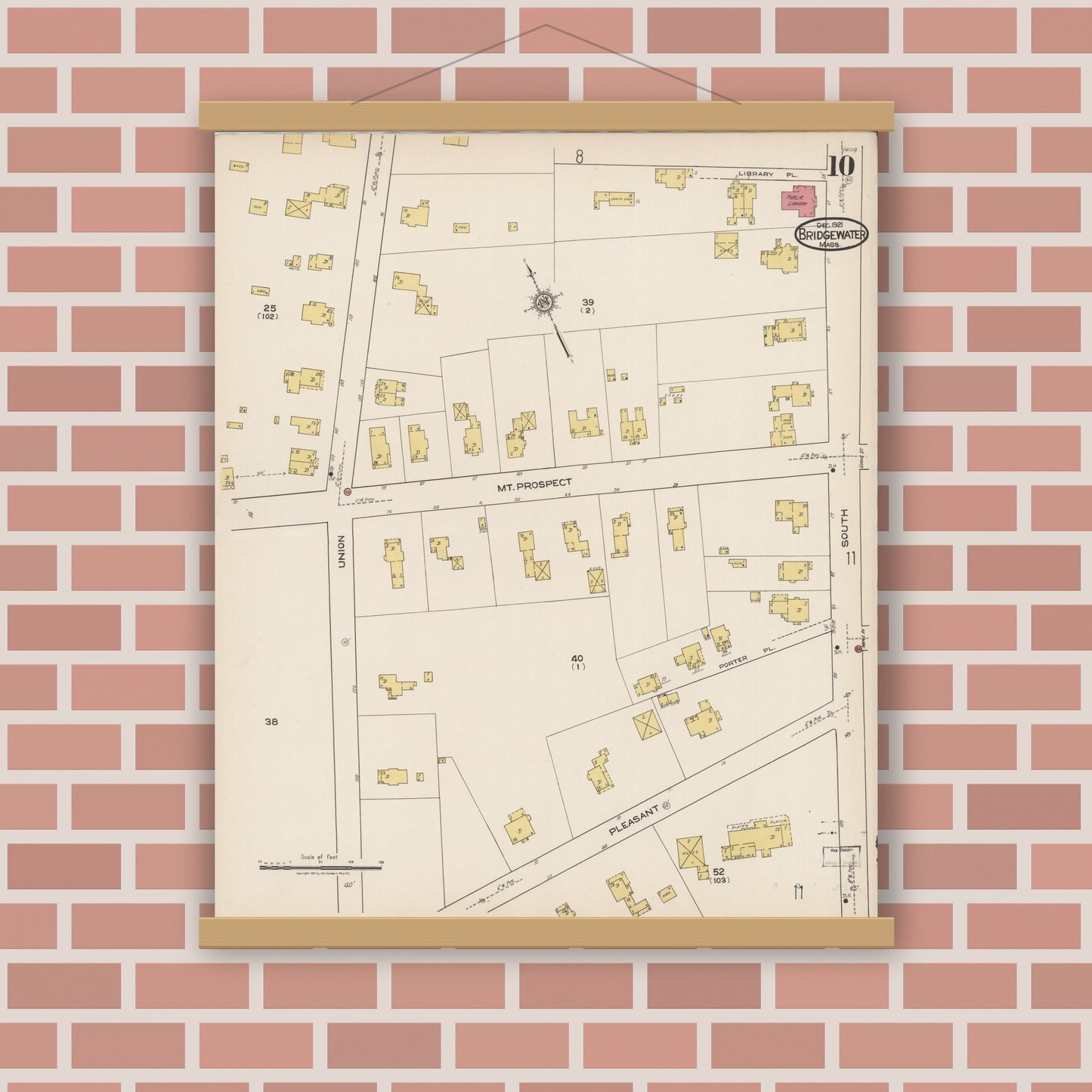Old map wall art mockup — magnetic wood frame on brick wall — Sanborn Fire Insurance Map from Bridgewater, Plymouth County, Massachusetts (1921), Sheet #0010