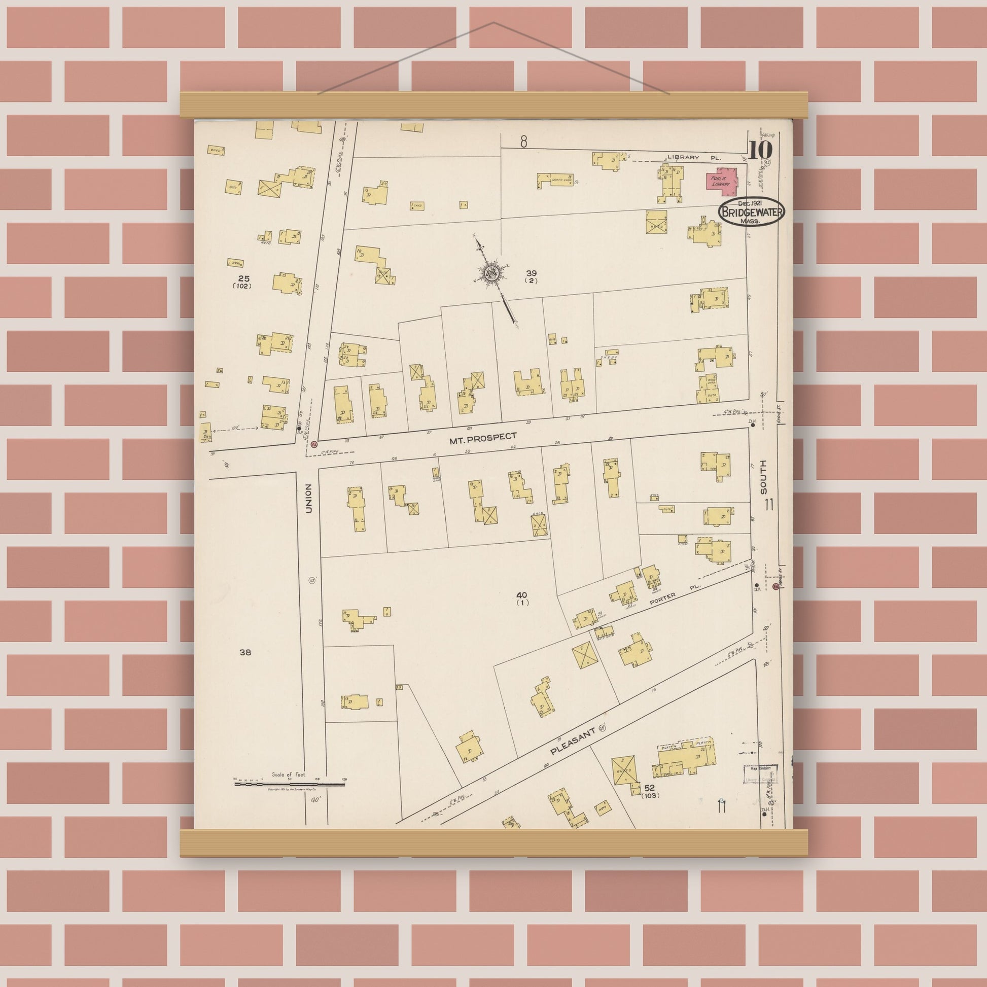 Old map wall art mockup — magnetic wood frame on brick wall — Sanborn Fire Insurance Map from Bridgewater, Plymouth County, Massachusetts (1921), Sheet #0010
