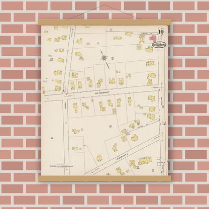 Old map wall art mockup — magnetic wood frame on brick wall — Sanborn Fire Insurance Map from Bridgewater, Plymouth County, Massachusetts (1921), Sheet #0010