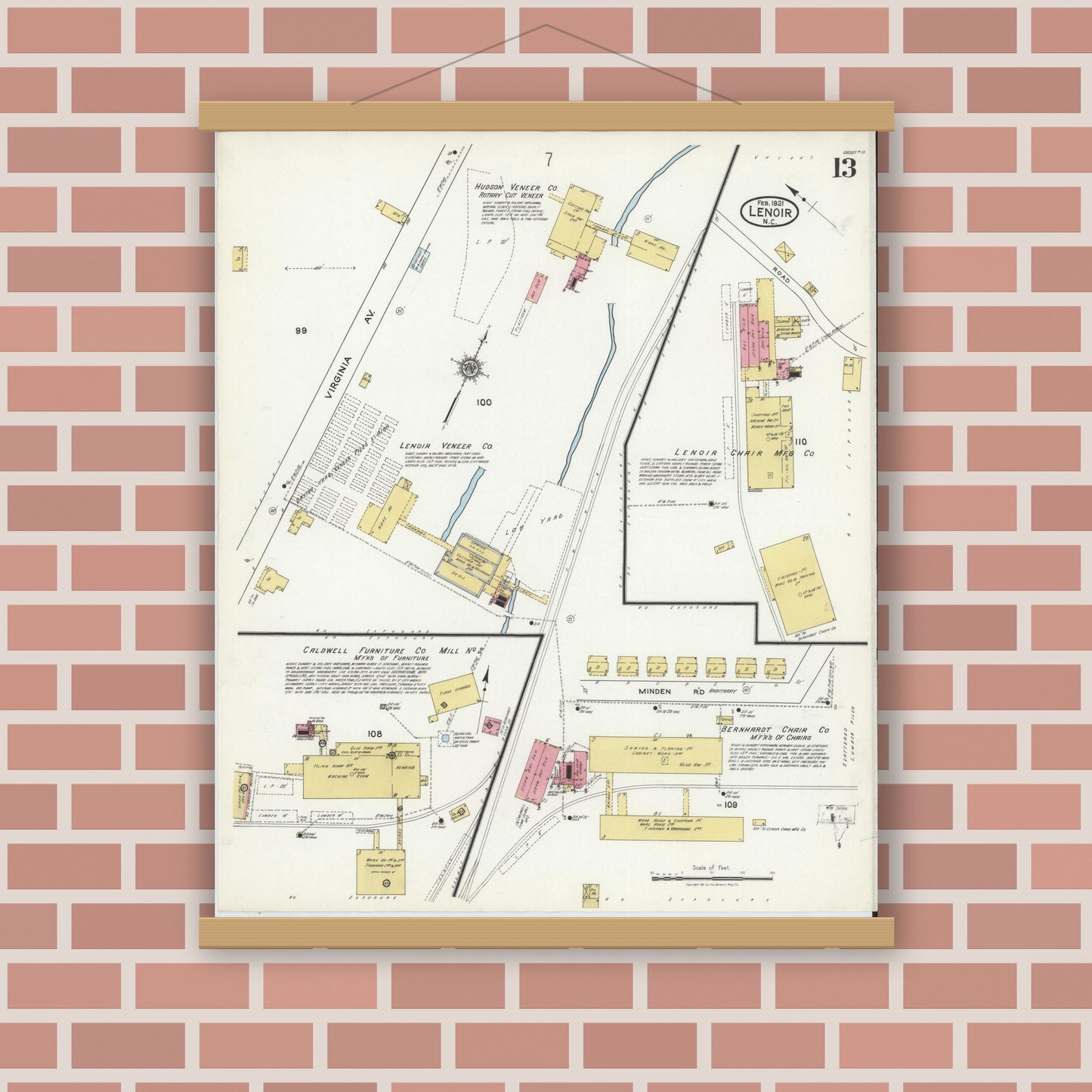 Old map wall art mockup — magnetic wood frame on brick wall — Sanborn Fire Insurance Map from Lenoir, Caldwell County, North Carolina (1921), Sheet #0013