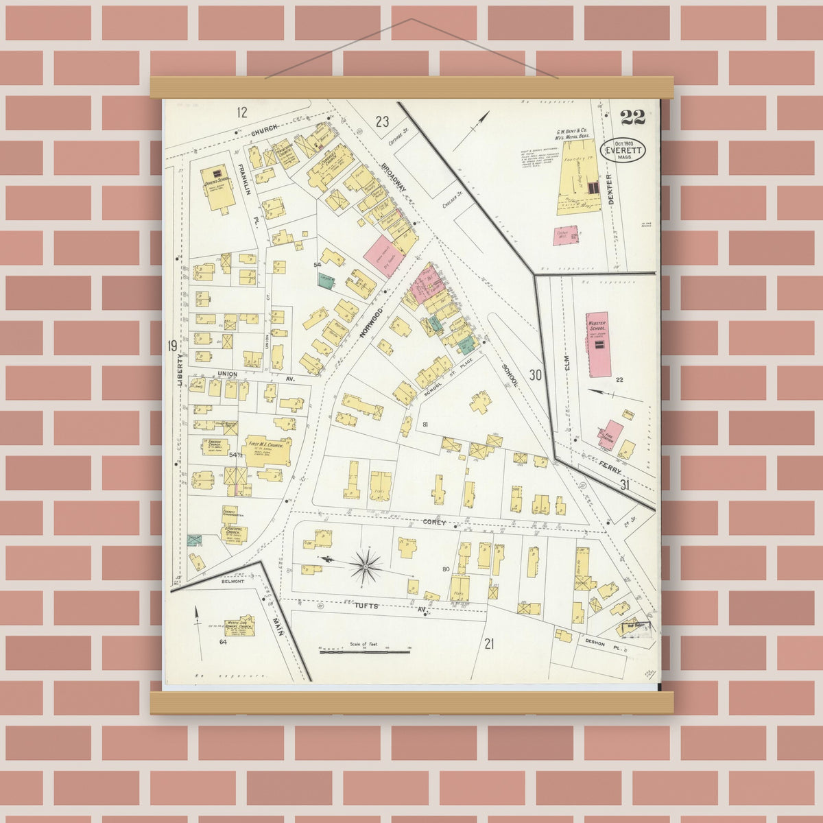Old map wall art mockup — magnetic wood frame on brick wall — Sanborn Fire Insurance Map from Everett, Middlesex County, Massachusetts (1903), Sheet #0022
