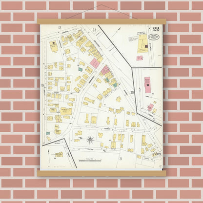 Old map wall art mockup — magnetic wood frame on brick wall — Sanborn Fire Insurance Map from Everett, Middlesex County, Massachusetts (1903), Sheet #0022