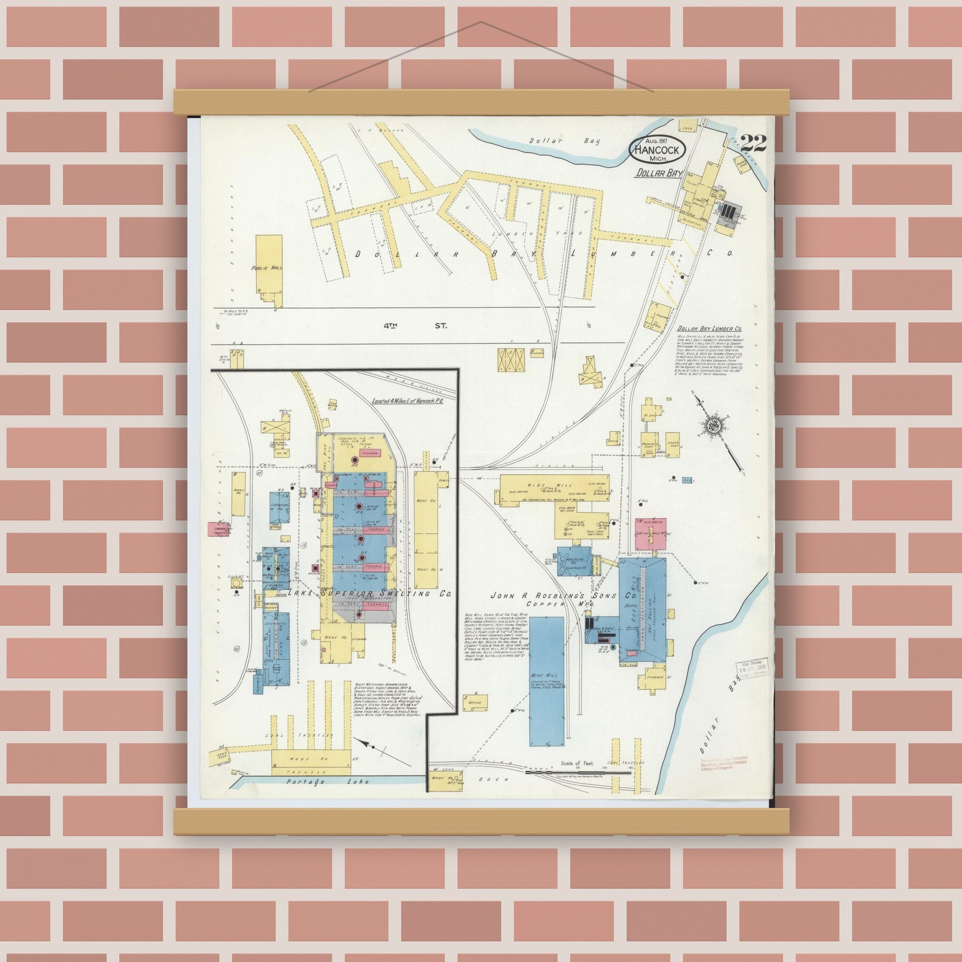 Old map wall art mockup — magnetic wood frame on brick wall — Sanborn Fire Insurance Map from Hancock, Houghton County, Michigan (1917), Sheet #0022