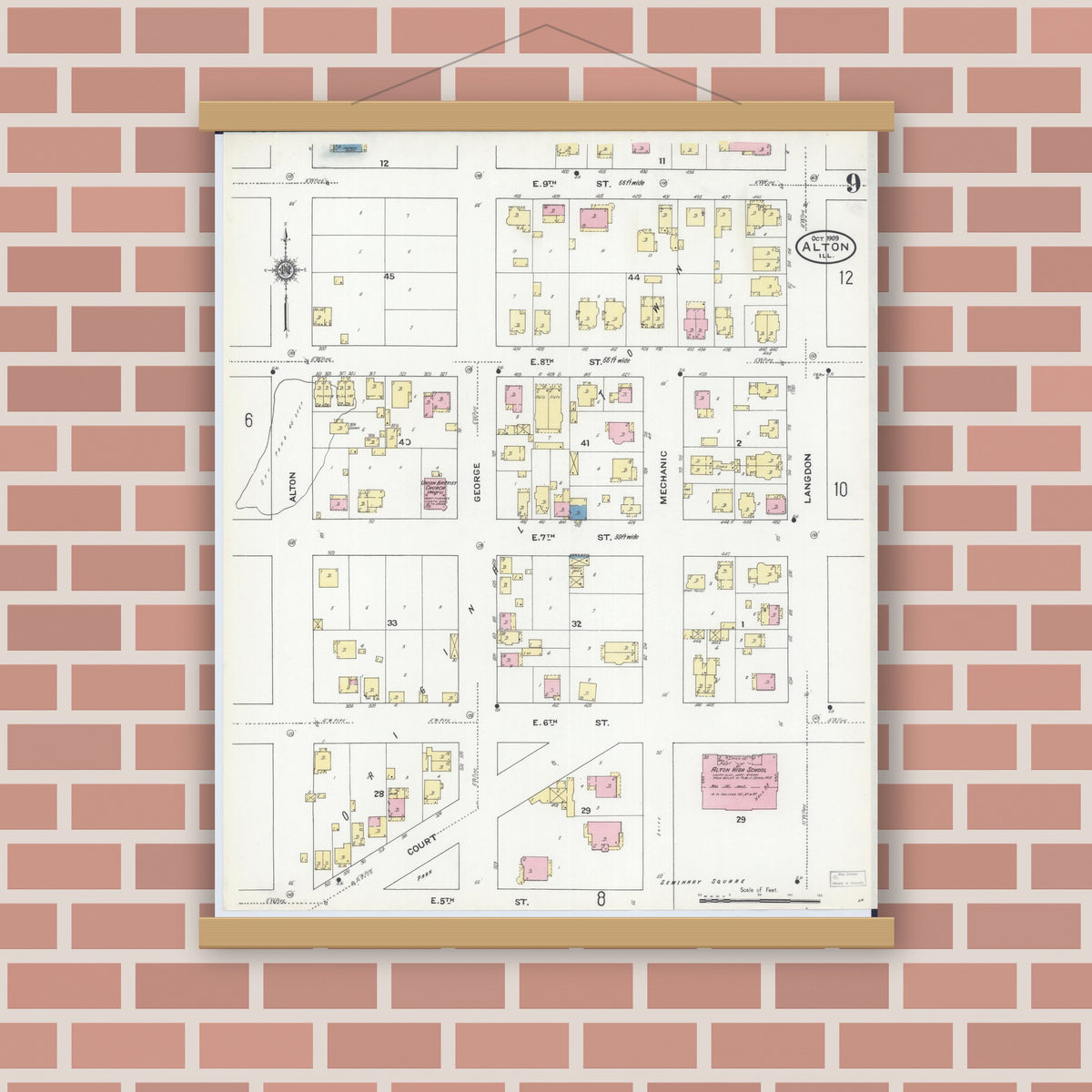Old map wall art mockup — magnetic wood frame on brick wall — Sanborn Fire Insurance Map from Alton, Madison County, Illinois (1909), Sheet #0009