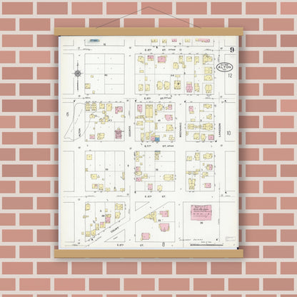 Old map wall art mockup — magnetic wood frame on brick wall — Sanborn Fire Insurance Map from Alton, Madison County, Illinois (1909), Sheet #0009