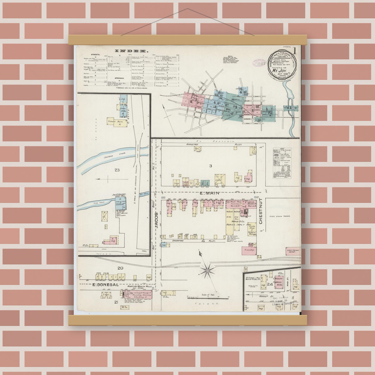 Old map wall art mockup — magnetic wood frame on brick wall — Sanborn Fire Insurance Map from Mount Joy, Lancaster County, Pennsylvania (1886) - Complete Map Set