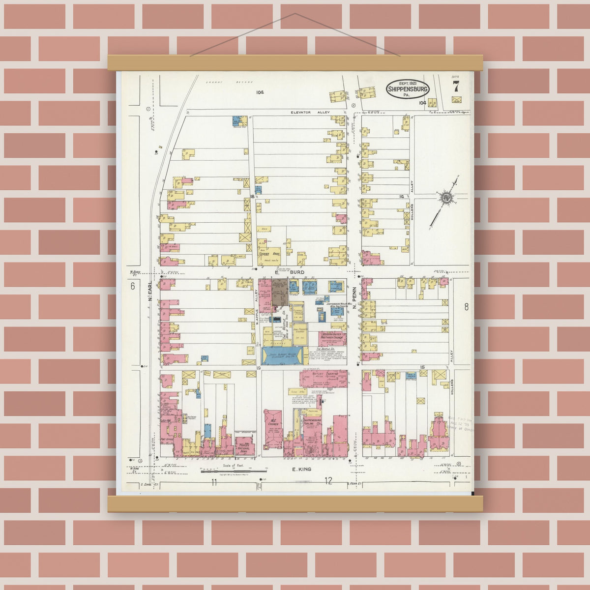 Old map wall art mockup — magnetic wood frame on brick wall — Sanborn Fire Insurance Map from Shippensburg, Cumberland And Franklin Counties, Pennsylvania (1921), Sheet #0007