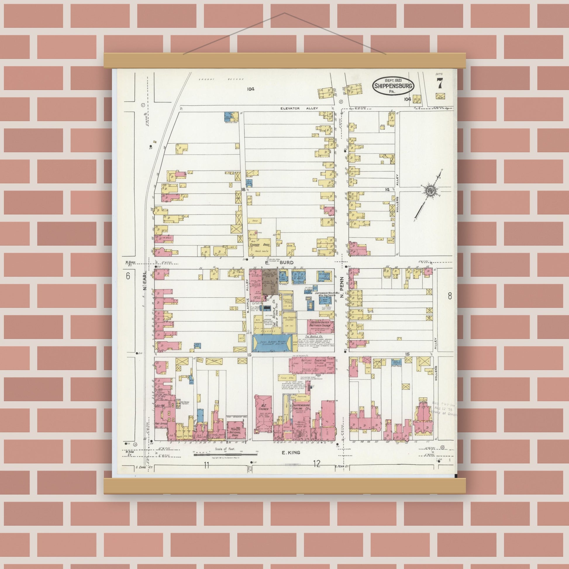Old map wall art mockup — magnetic wood frame on brick wall — Sanborn Fire Insurance Map from Shippensburg, Cumberland And Franklin Counties, Pennsylvania (1921), Sheet #0007