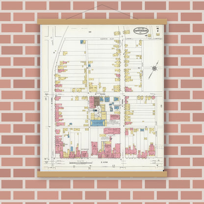Old map wall art mockup — magnetic wood frame on brick wall — Sanborn Fire Insurance Map from Shippensburg, Cumberland And Franklin Counties, Pennsylvania (1921), Sheet #0007