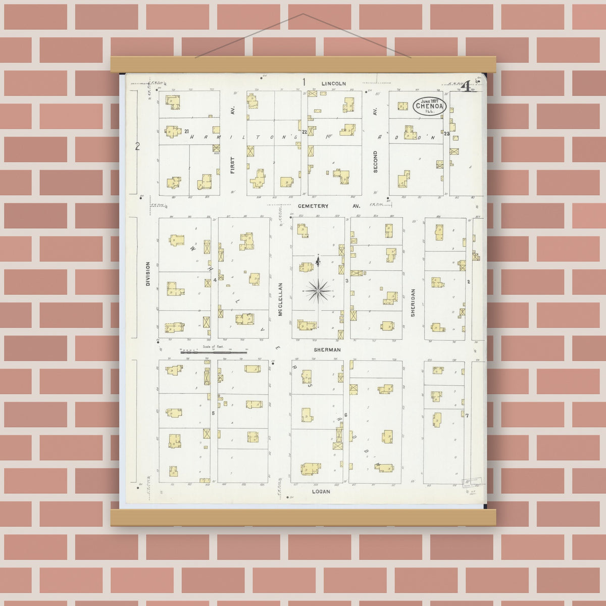 Old map wall art mockup — magnetic wood frame on brick wall — Sanborn Fire Insurance Map from Chenoa, McLean County, Illinois (1907), Sheet #0004