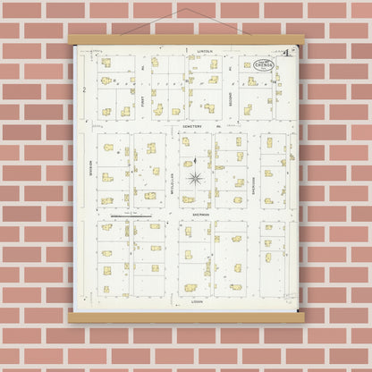 Old map wall art mockup — magnetic wood frame on brick wall — Sanborn Fire Insurance Map from Chenoa, McLean County, Illinois (1907), Sheet #0004