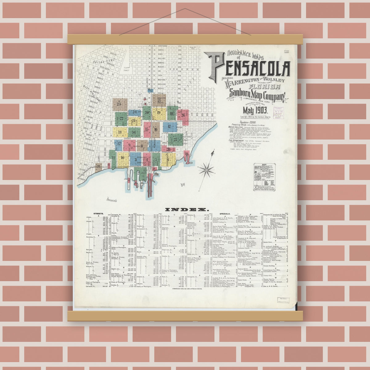 Old map wall art mockup — magnetic wood frame on brick wall — Sanborn Fire Insurance Map from Pensacola, Escambia County, Florida (1903), Sheet #0001