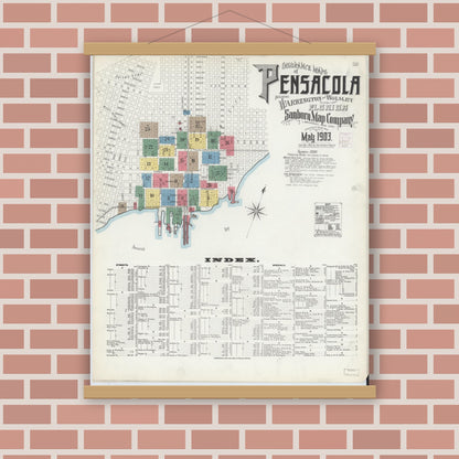 Old map wall art mockup — magnetic wood frame on brick wall — Sanborn Fire Insurance Map from Pensacola, Escambia County, Florida (1903), Sheet #0001