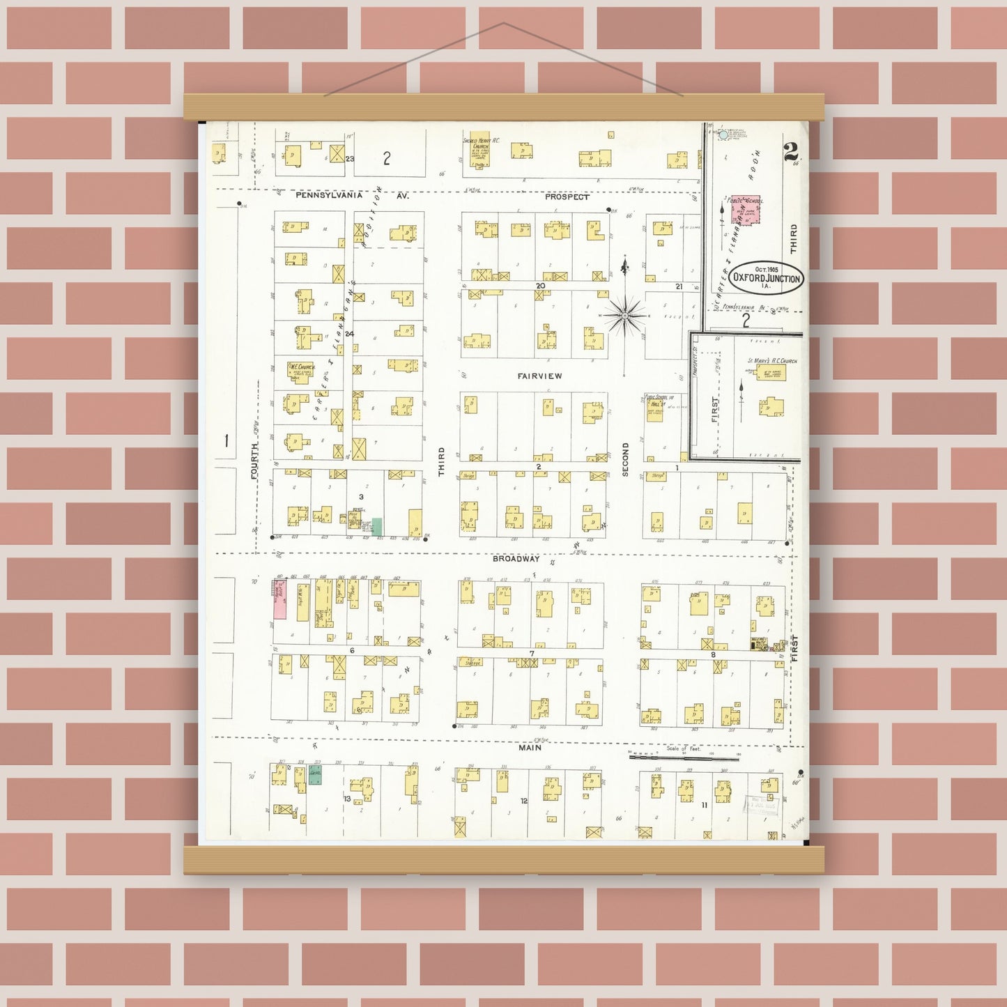 Old map wall art mockup — magnetic wood frame on brick wall — Sanborn Fire Insurance Map from Oxford Junction, Jones County, Iowa (1905), Sheet #0002
