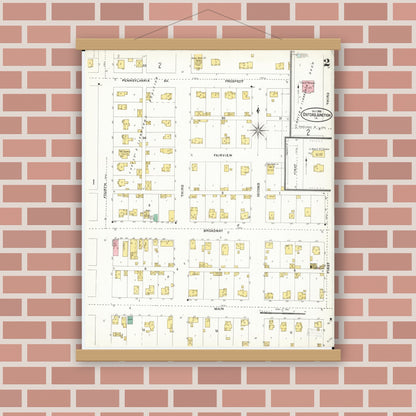 Old map wall art mockup — magnetic wood frame on brick wall — Sanborn Fire Insurance Map from Oxford Junction, Jones County, Iowa (1905), Sheet #0002