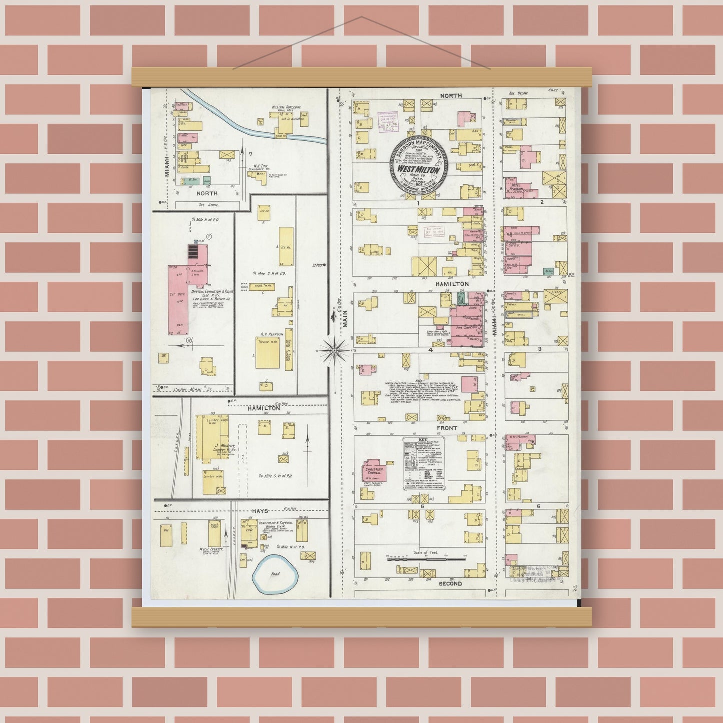 Old map wall art mockup — magnetic wood frame on brick wall — Sanborn Fire Insurance Map from West Milton, Miami County, Ohio (1905), Sheet #0001