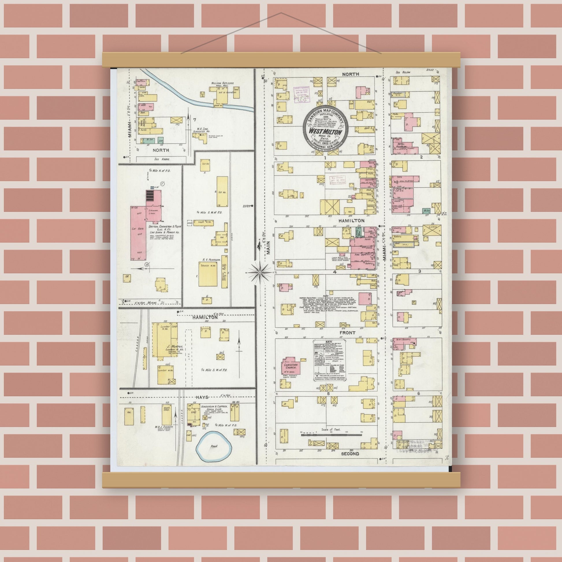 Old map wall art mockup — magnetic wood frame on brick wall — Sanborn Fire Insurance Map from West Milton, Miami County, Ohio (1905), Sheet #0001