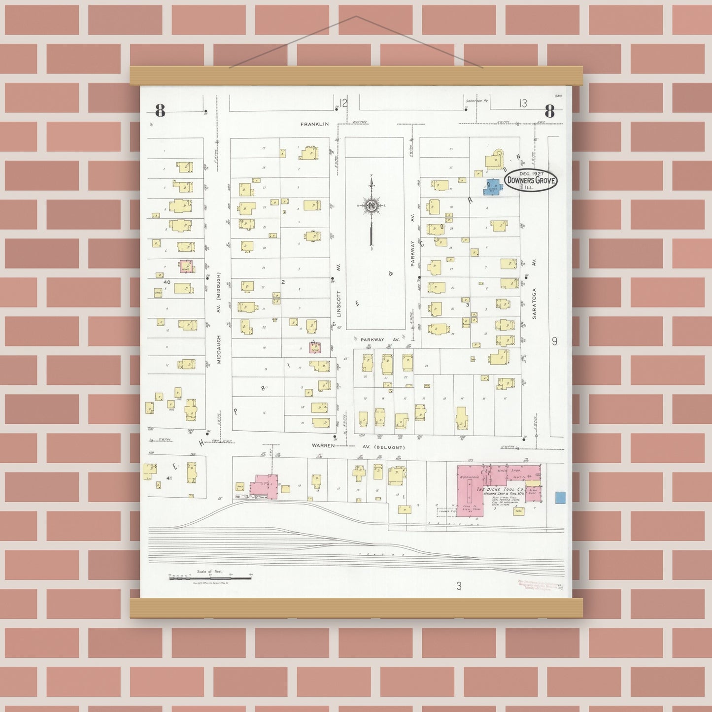 Old map wall art mockup — magnetic wood frame on brick wall — Sanborn Fire Insurance Map from Downers Grove, Dupage County, Illinois (1927), Sheet #0008