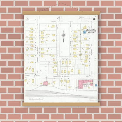 Old map wall art mockup — magnetic wood frame on brick wall — Sanborn Fire Insurance Map from Downers Grove, Dupage County, Illinois (1927), Sheet #0008