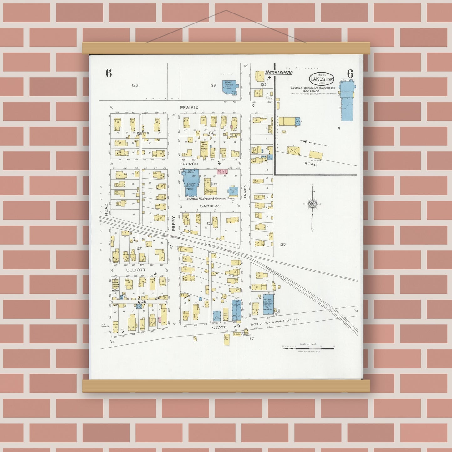 Old map wall art mockup — magnetic wood frame on brick wall — Sanborn Fire Insurance Map from Lakeside, Ottawa County, Ohio (1927), Sheet #0006