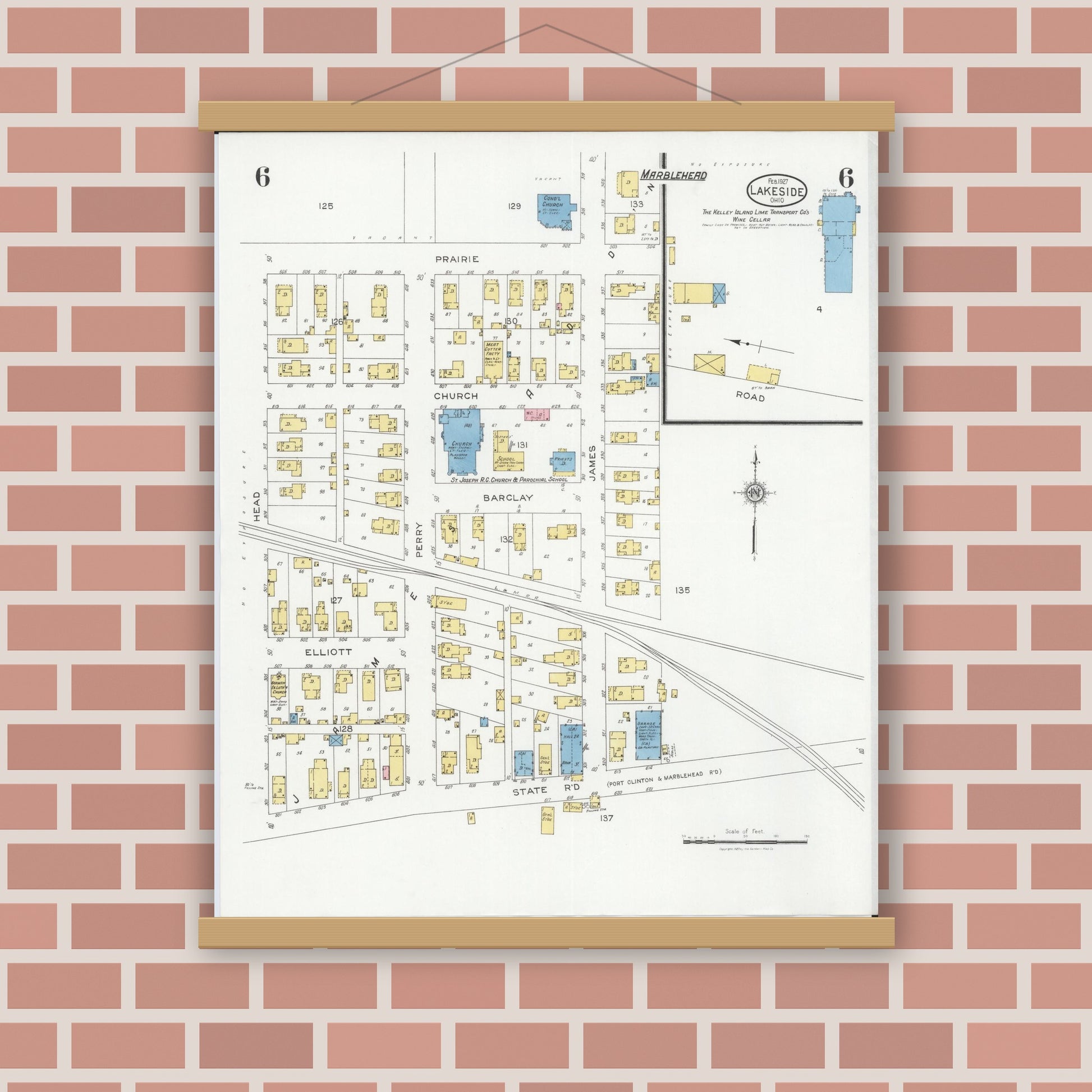 Old map wall art mockup — magnetic wood frame on brick wall — Sanborn Fire Insurance Map from Lakeside, Ottawa County, Ohio (1927), Sheet #0006