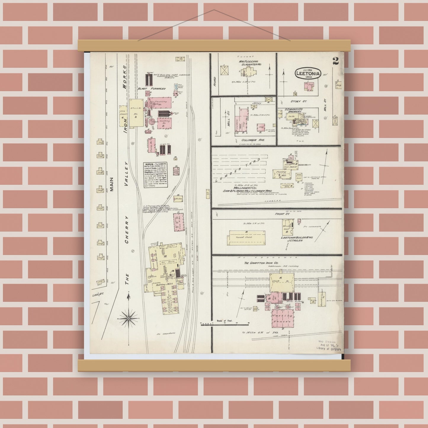 Old map wall art mockup — magnetic wood frame on brick wall — Sanborn Fire Insurance Map from Leetonia, Columbiana County, Ohio (1884), Sheet #0002