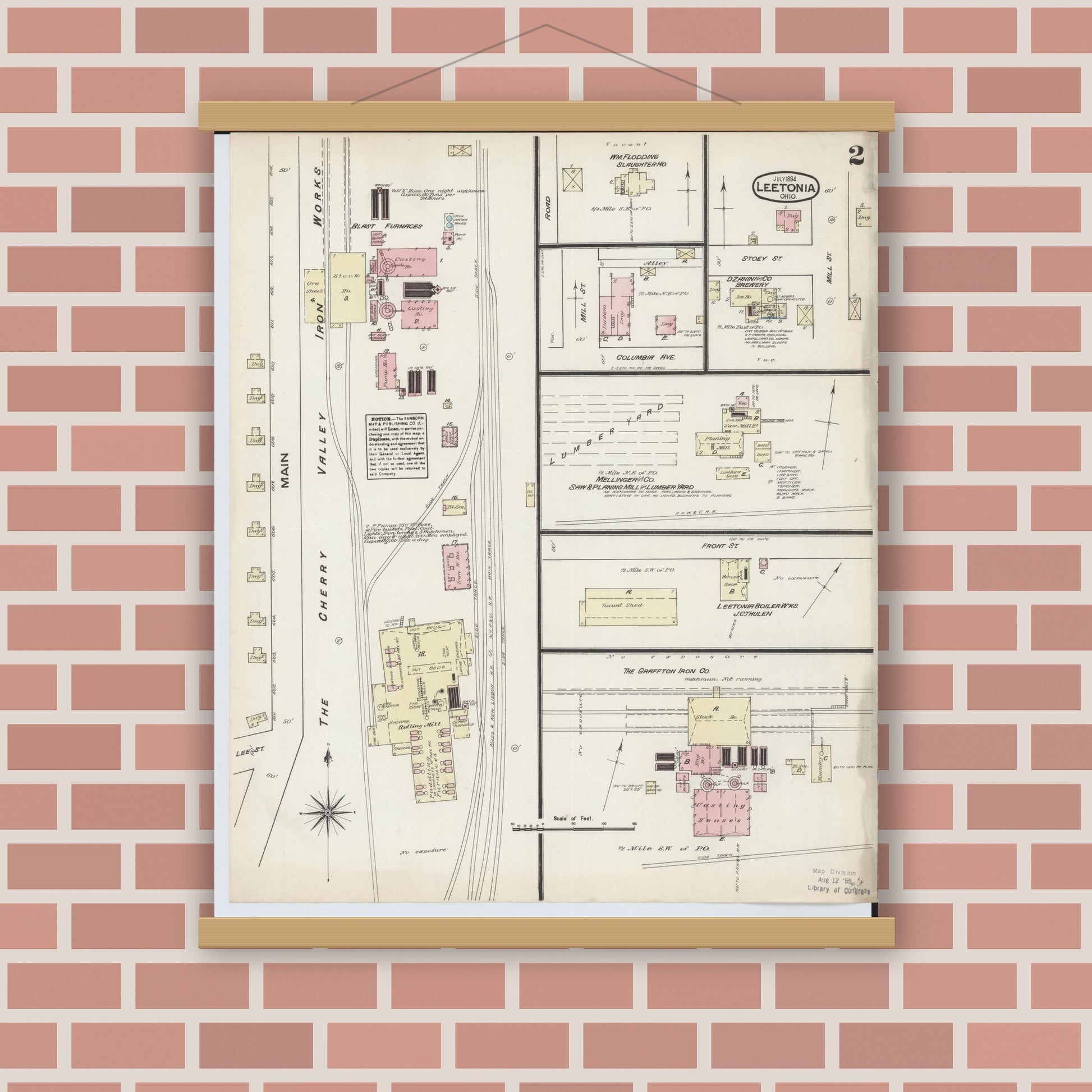 Old map wall art mockup — magnetic wood frame on brick wall — Sanborn Fire Insurance Map from Leetonia, Columbiana County, Ohio (1884), Sheet #0002