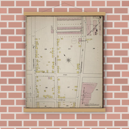 Old map wall art mockup — magnetic wood frame on brick wall — Sanborn Fire Insurance Map from Yonkers, Westchester County, New York (1886), Sheet #0009