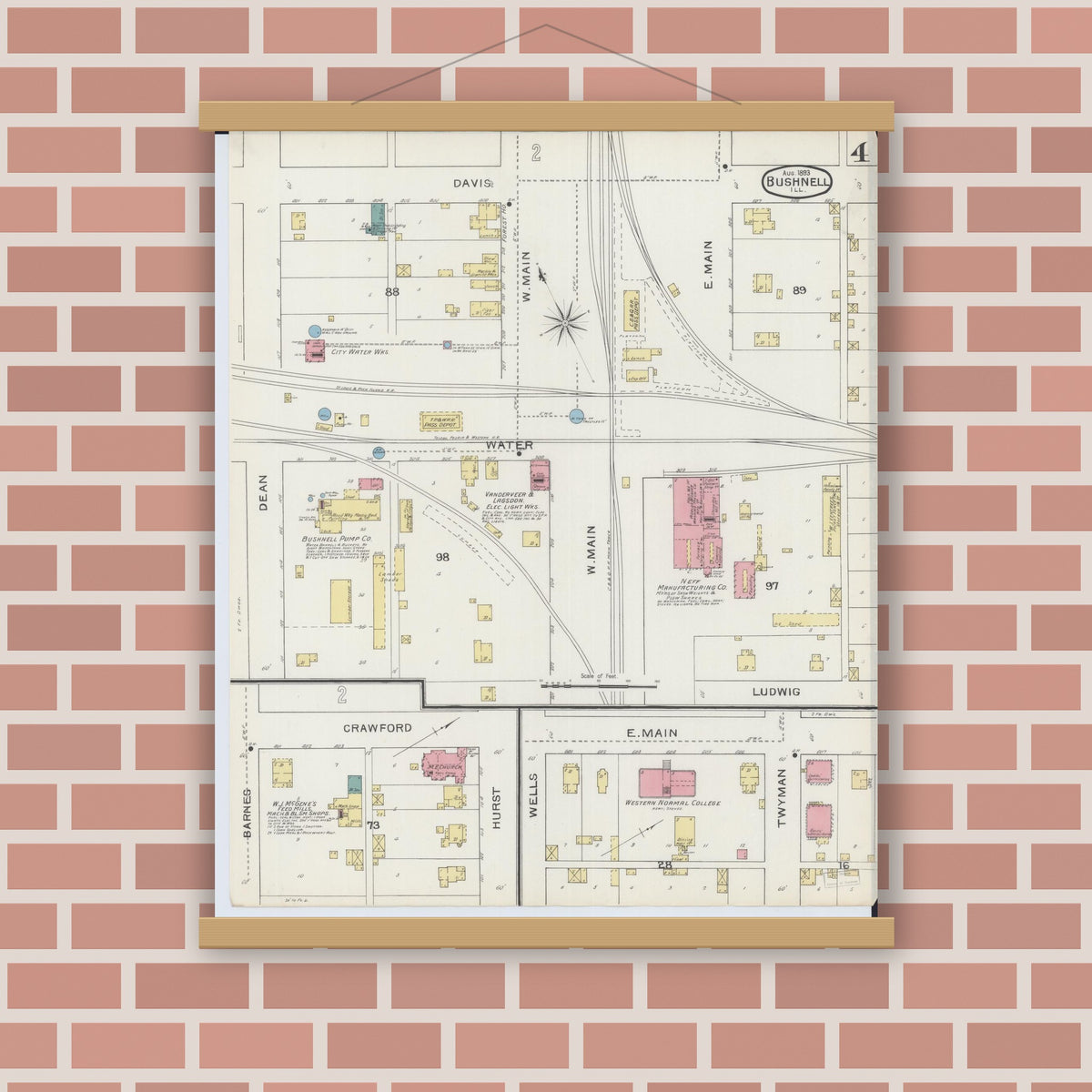 Old map wall art mockup — magnetic wood frame on brick wall — Sanborn Fire Insurance Map from Bushnell, Mcdonough County, Illinois (1893), Sheet #0004