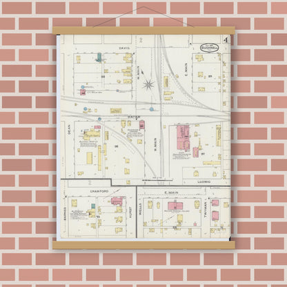 Old map wall art mockup — magnetic wood frame on brick wall — Sanborn Fire Insurance Map from Bushnell, Mcdonough County, Illinois (1893), Sheet #0004