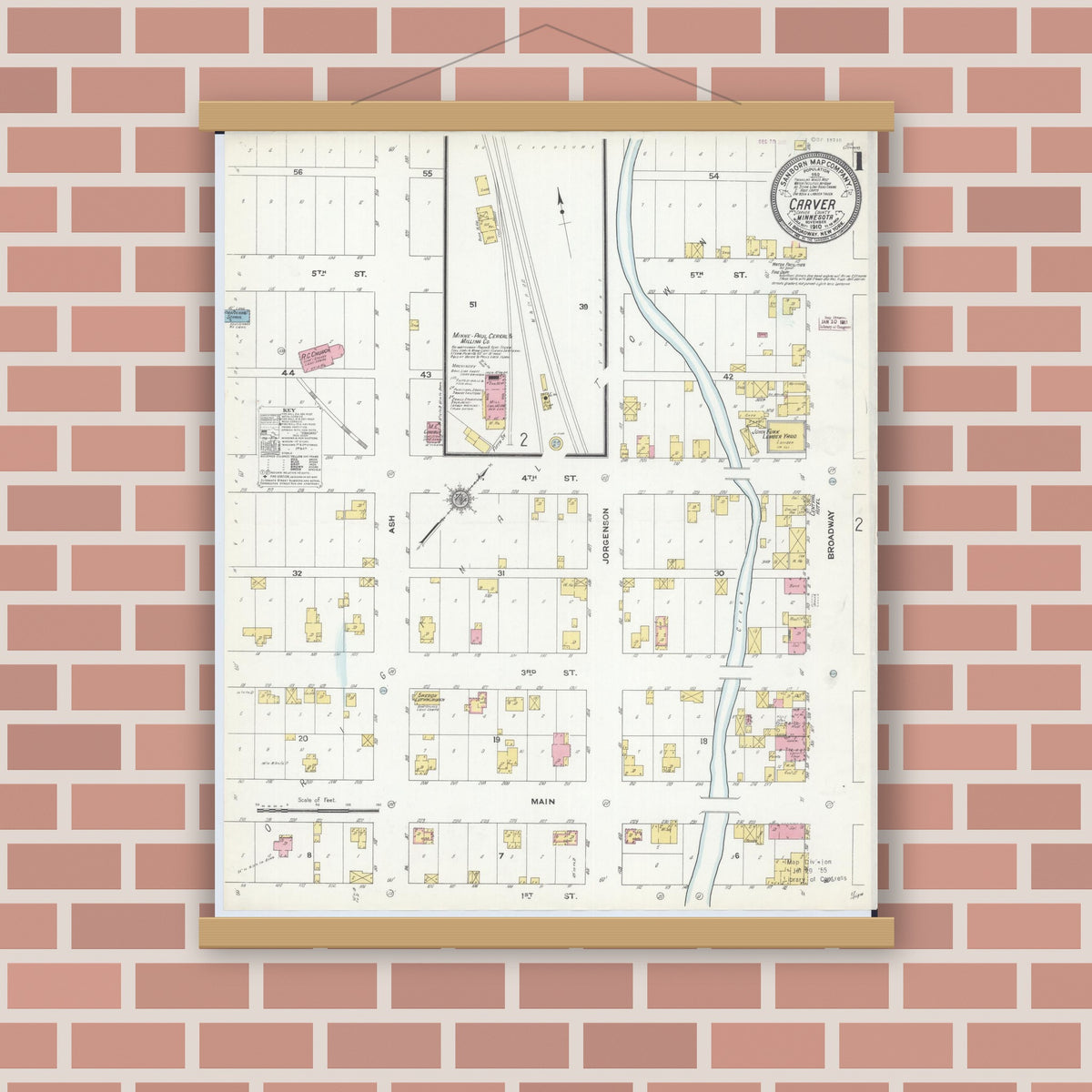 Old map wall art mockup — magnetic wood frame on brick wall — Sanborn Fire Insurance Map from Carver, Carver County, Minnesota (1910), Sheet #0001