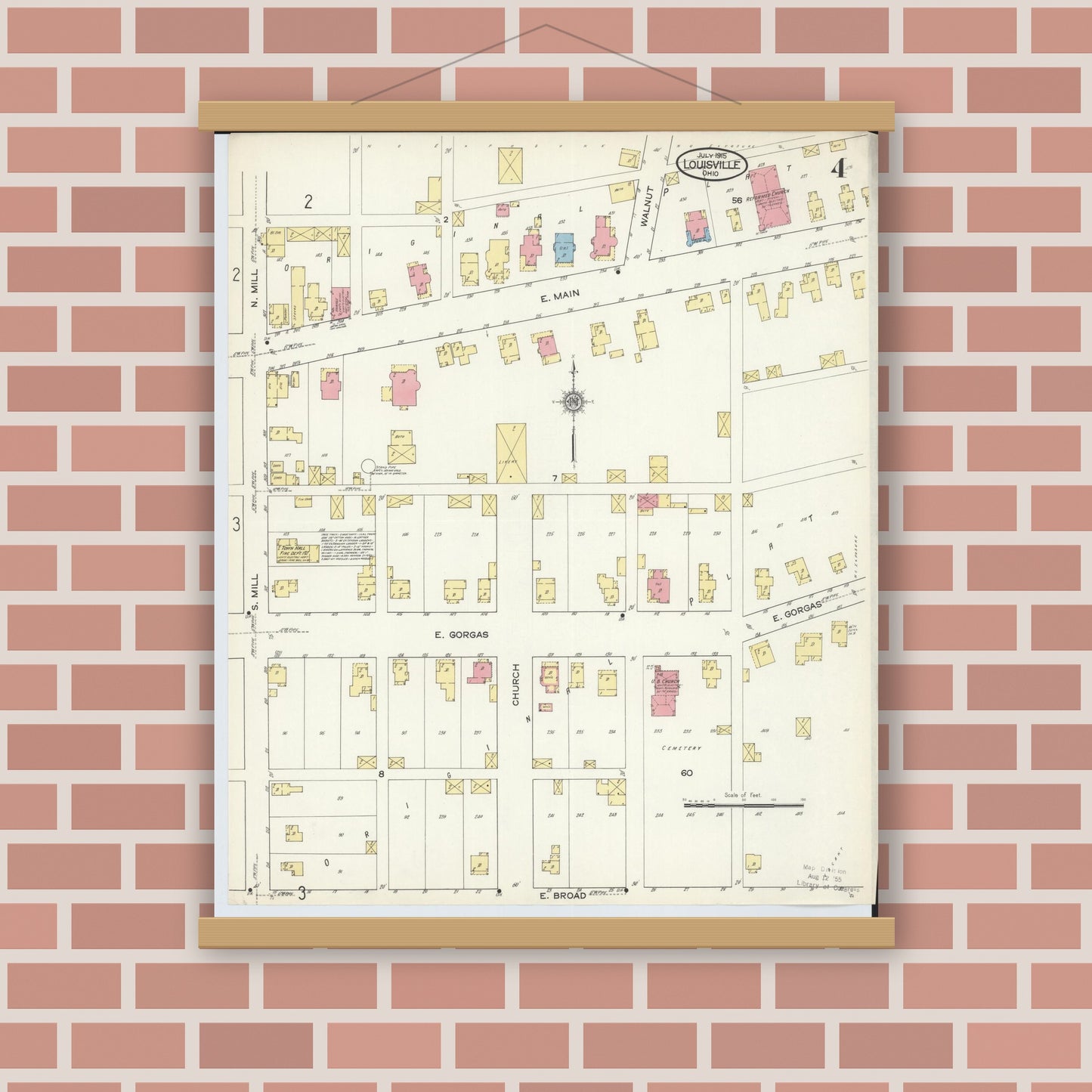 Old map wall art mockup — magnetic wood frame on brick wall — Sanborn Fire Insurance Map from Louisville, Stark County, Ohio (1915), Sheet #0004
