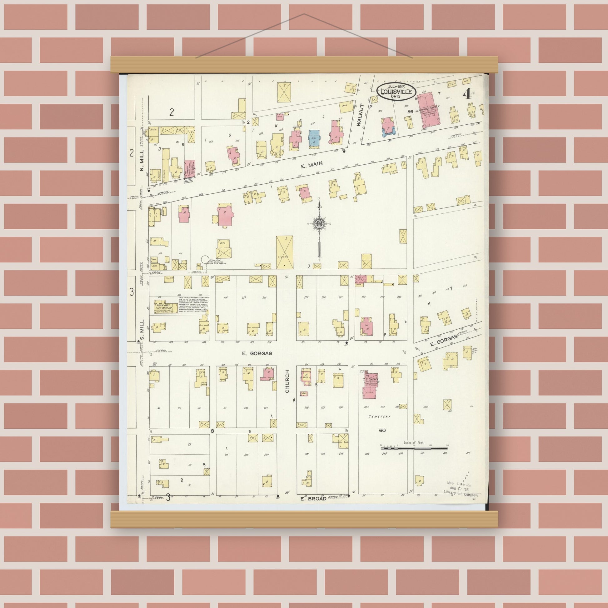 Old map wall art mockup — magnetic wood frame on brick wall — Sanborn Fire Insurance Map from Louisville, Stark County, Ohio (1915), Sheet #0004