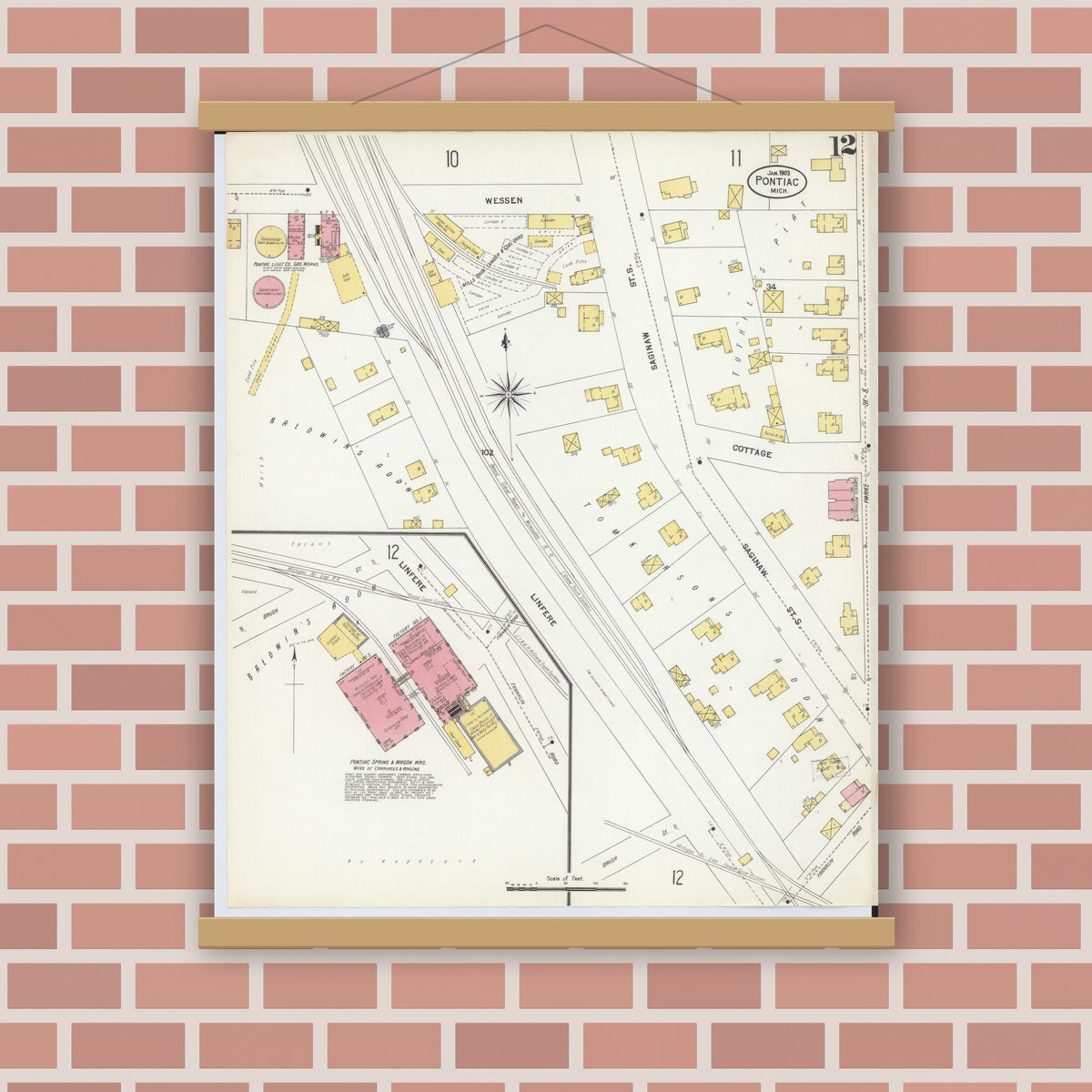 Old map wall art mockup — magnetic wood frame on brick wall — Sanborn Fire Insurance Map from Pontiac, Oakland County, Michigan (1903), Sheet #0012