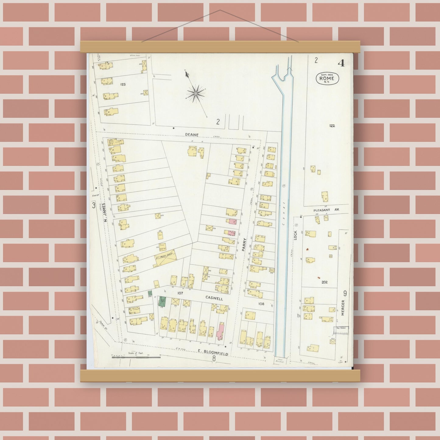 Old map wall art mockup — magnetic wood frame on brick wall — Sanborn Fire Insurance Map from Rome, Oneida County, New York (1904), Sheet #0004
