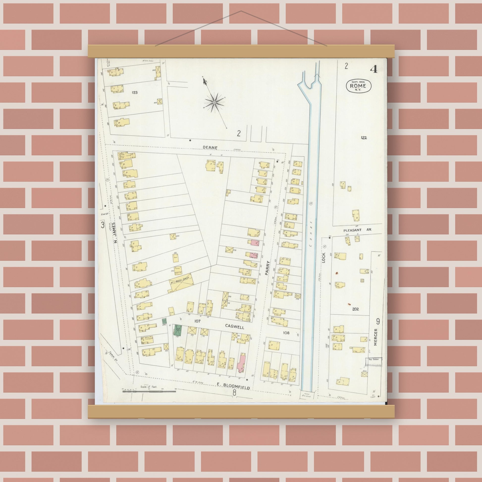 Old map wall art mockup — magnetic wood frame on brick wall — Sanborn Fire Insurance Map from Rome, Oneida County, New York (1904), Sheet #0004