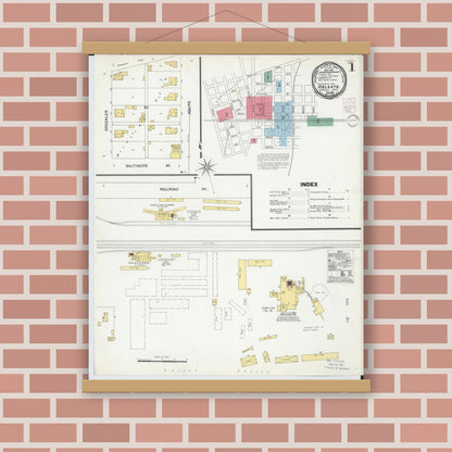 Old map wall art mockup — magnetic wood frame on brick wall — Sanborn Fire Insurance Map from Holgate, Henry County, Ohio (1901), Sheet #0001