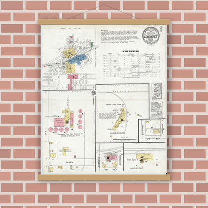 Old map wall art mockup — magnetic wood frame on brick wall — Sanborn Fire Insurance Map from Loogootee, Martin County, Indiana (1920), Sheet #0001