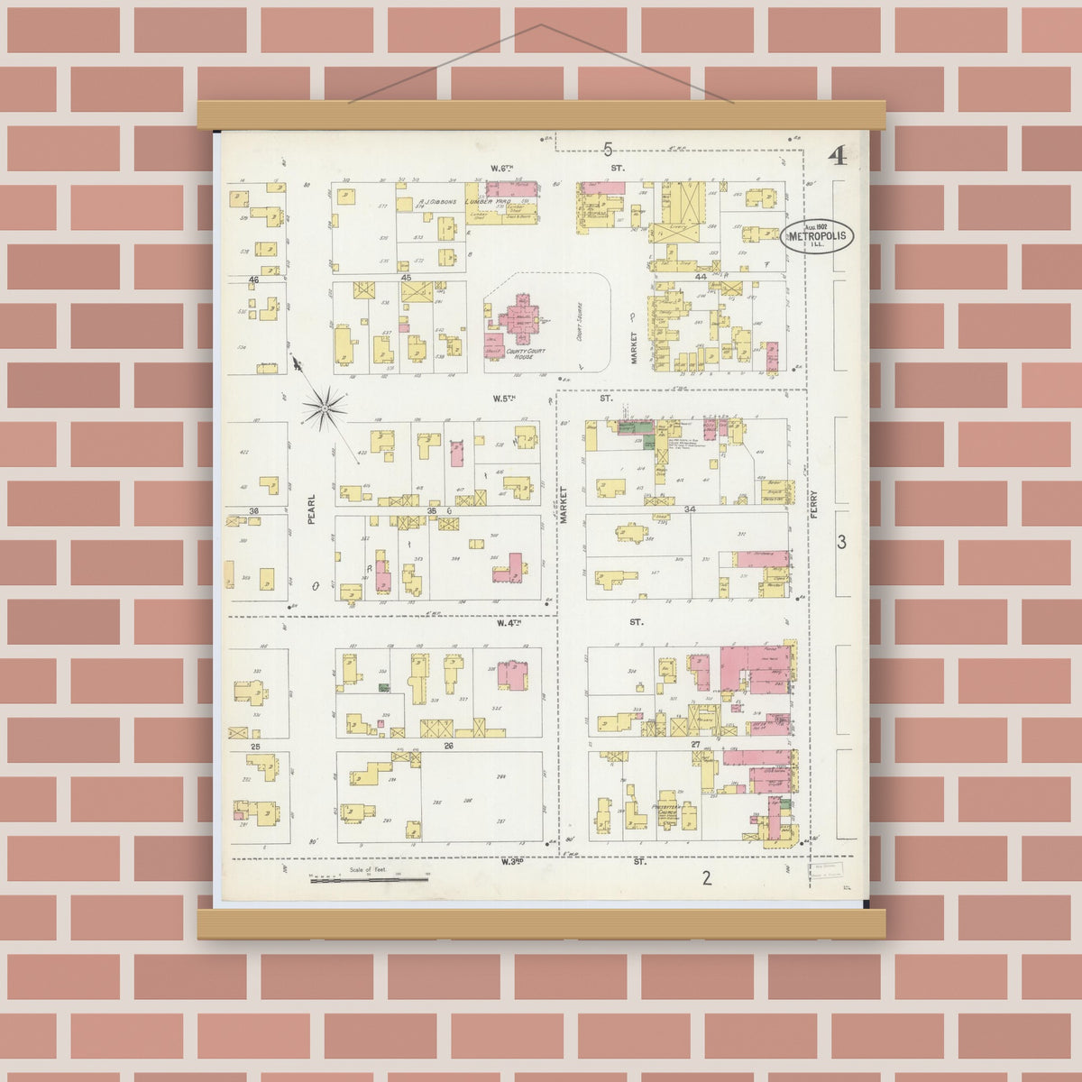 Old map wall art mockup — magnetic wood frame on brick wall — Sanborn Fire Insurance Map from Metropolis, Massac County, Illinois (1902), Sheet #0004