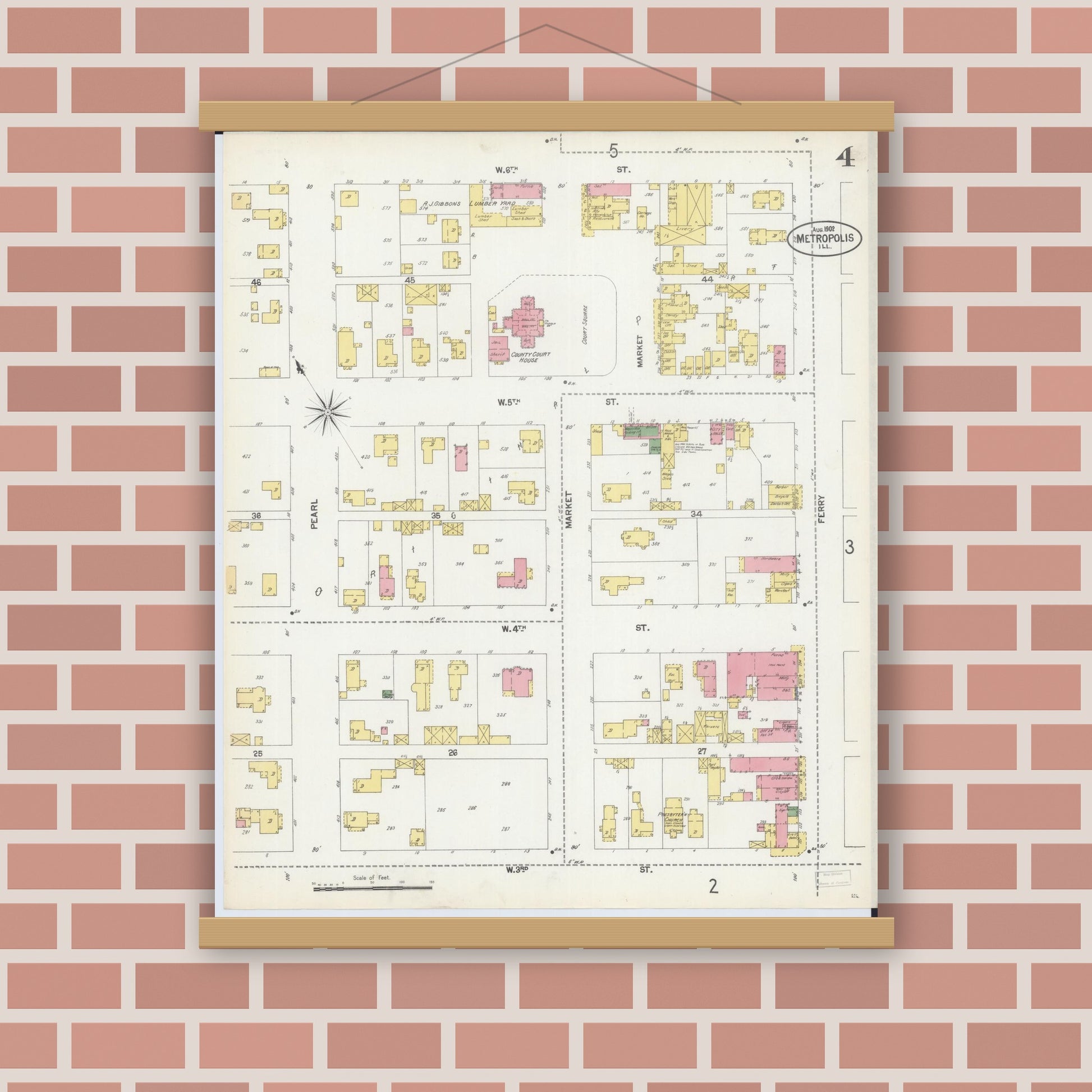 Old map wall art mockup — magnetic wood frame on brick wall — Sanborn Fire Insurance Map from Metropolis, Massac County, Illinois (1902), Sheet #0004