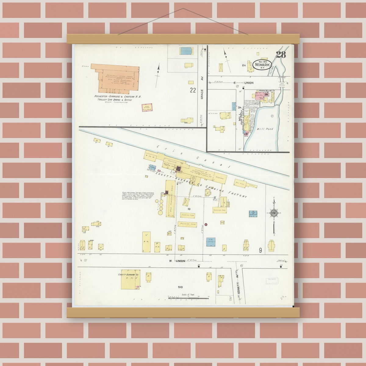 Old map wall art mockup — magnetic wood frame on brick wall — Sanborn Fire Insurance Map from Newark, Wayne County, New York (1912), Sheet #0028