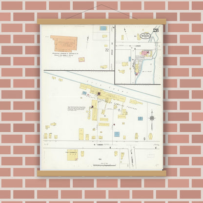 Old map wall art mockup — magnetic wood frame on brick wall — Sanborn Fire Insurance Map from Newark, Wayne County, New York (1912), Sheet #0028