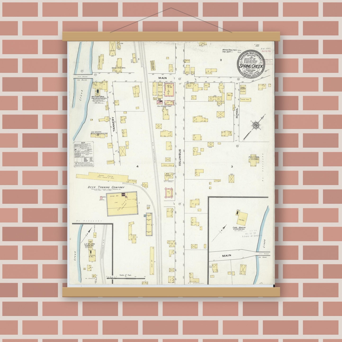 Old map wall art mockup — magnetic wood frame on brick wall — Sanborn Fire Insurance Map from Spring Creek, Warren County, Pennsylvania (1910), Sheet #0001