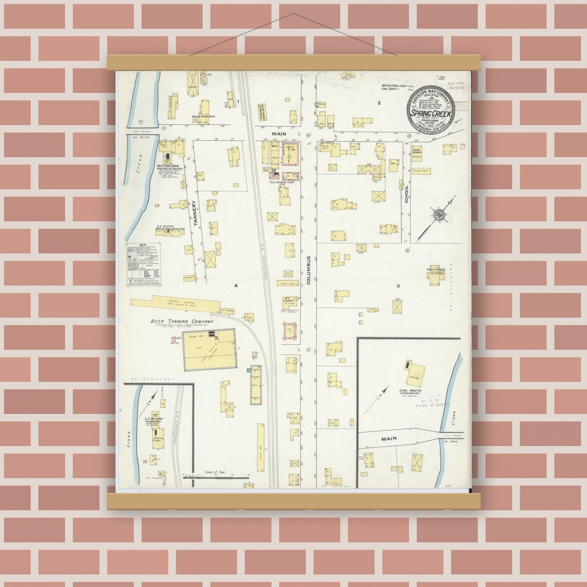 Old map wall art mockup — magnetic wood frame on brick wall — Sanborn Fire Insurance Map from Spring Creek, Warren County, Pennsylvania (1910), Sheet #0001