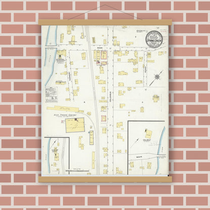 Old map wall art mockup — magnetic wood frame on brick wall — Sanborn Fire Insurance Map from Spring Creek, Warren County, Pennsylvania (1910), Sheet #0001