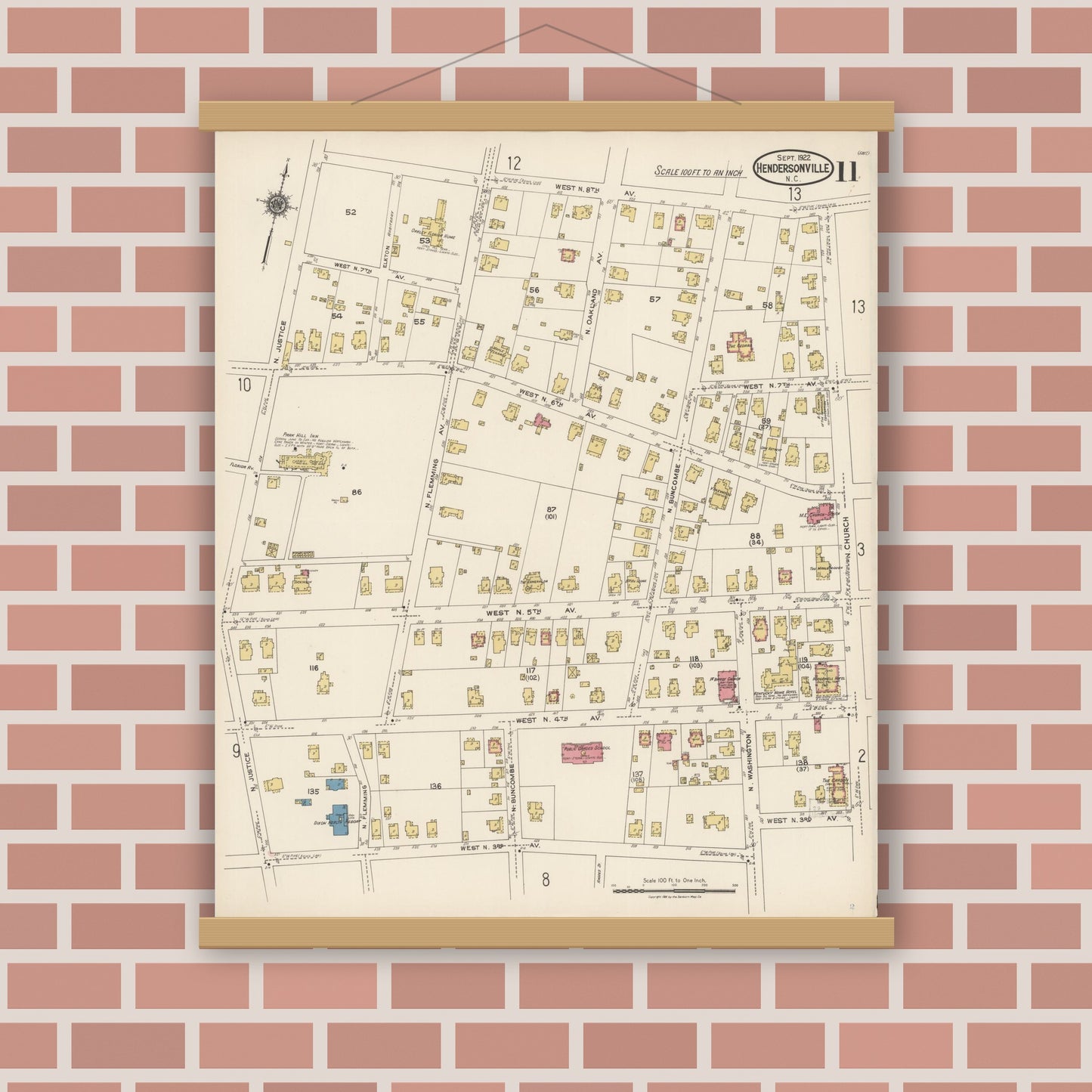Old map wall art mockup — magnetic wood frame on brick wall — Sanborn Fire Insurance Map from Hendersonville, Henderson County, North Carolina (1922), Sheet #0011