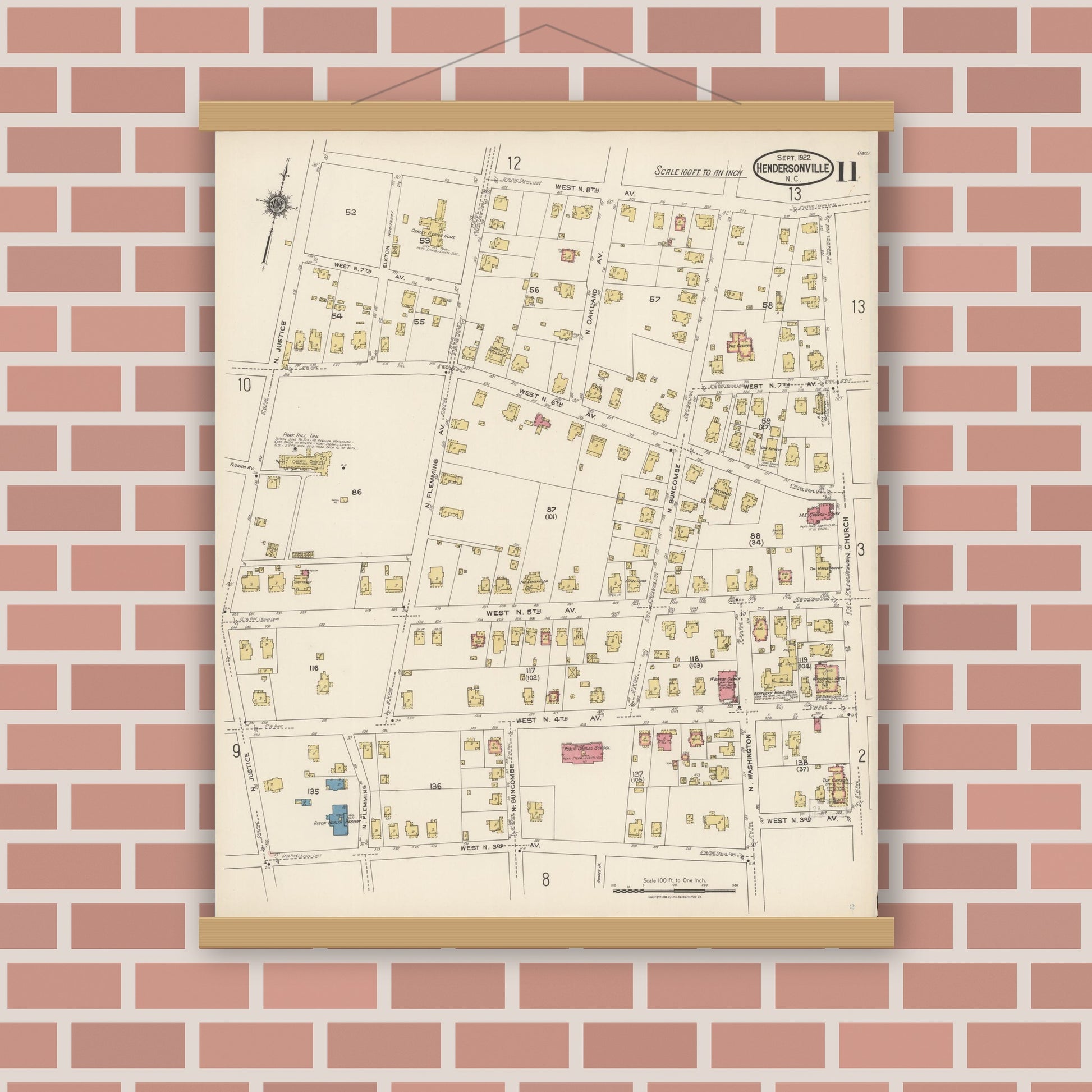 Old map wall art mockup — magnetic wood frame on brick wall — Sanborn Fire Insurance Map from Hendersonville, Henderson County, North Carolina (1922), Sheet #0011